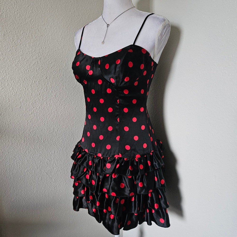 Rare Vintage Betsey Johnson 100% Silk Ruffle Bustier Mini Dress Red Polka Dot